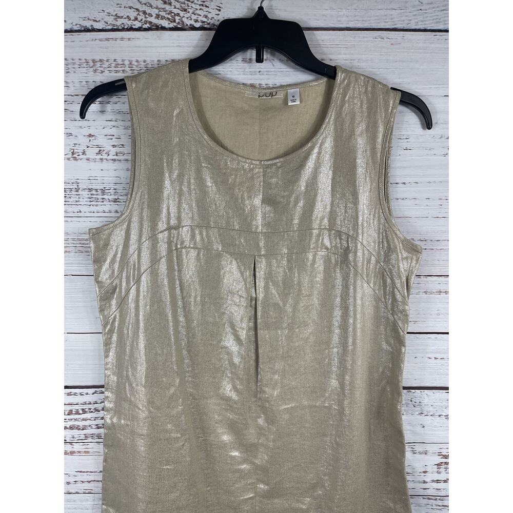 Population Dress Womens 10 Gold Metallic Linen Blend Sleeveless Shift Party Shin - Picture 3 of 8